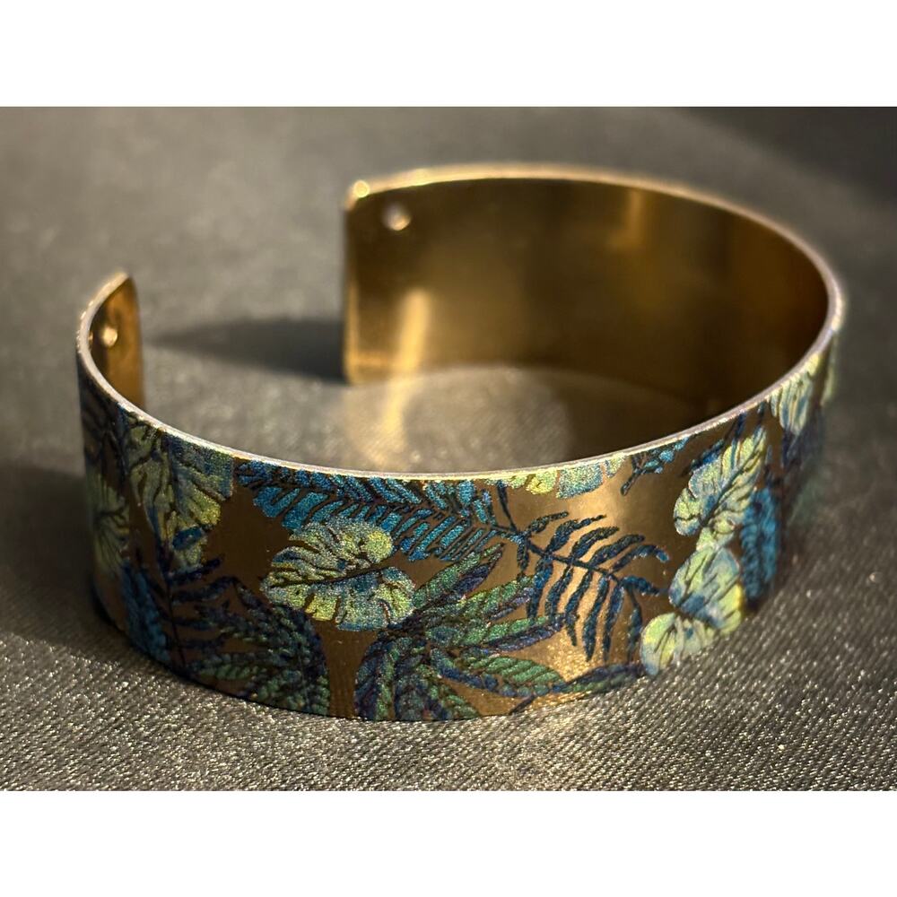Vintage Gold Tone Tropical Leaf Cuff Bracelet Blue Green Botanical Size 7